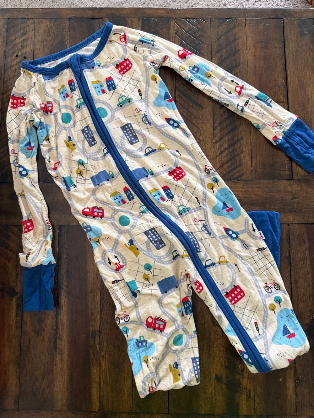 Little Sleepies Cream One-Piece Pajama with Blue Trim and Vehicle Print